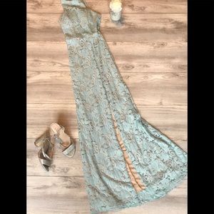 Light blue Formal Gown with Heels and Earrings